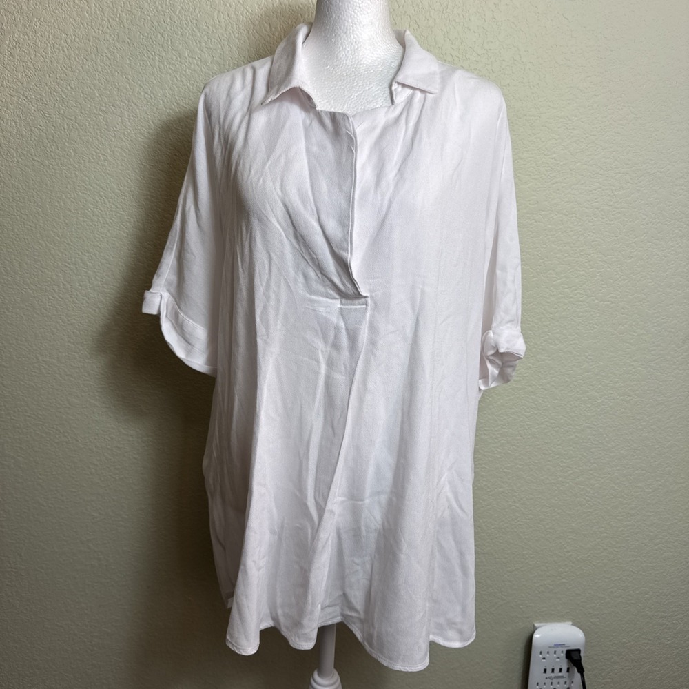 All in Favor White Rayon Tunic Dress XL Coastal Grandma Minimalist Drop Shoulder